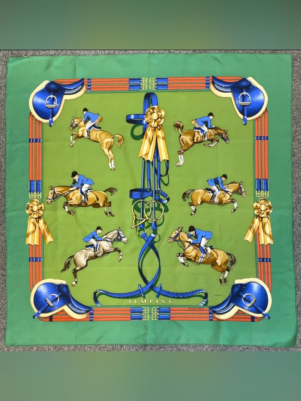 Hermès Jumping Carré 90 Silk Scarf Green Blue Horse Equestrian Made in France